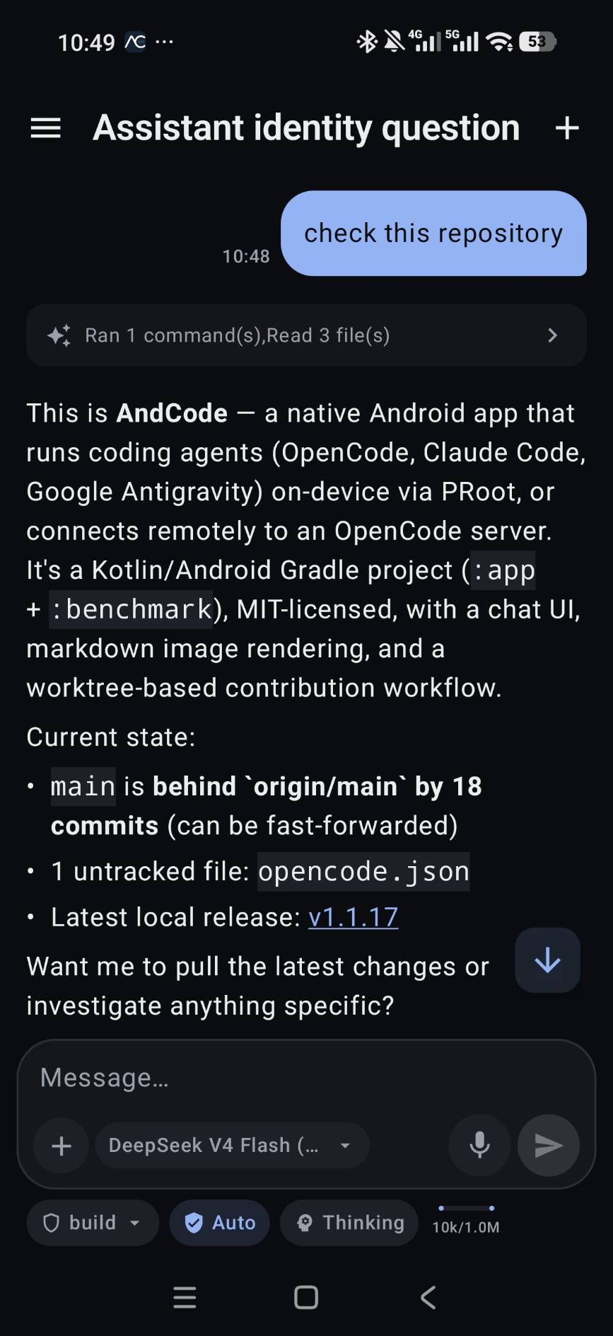 AndCode chat with an agent inspecting a repository